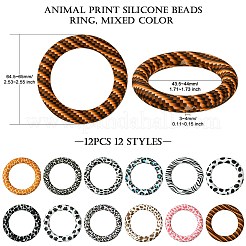 12 個 12 スタイルアニマルプリントシリコンビーズ  リング  ミックスカラー  64.5~65x9.5~10mm  穴：3~4mm  1個/スタイル&nbsp;SIL-CJ0001-33
