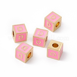 メッキ真鍮エナメルビーズラック  カドミウムフリー＆ニッケルフリー＆鉛フリー  18KGP本金メッキ  文字付きのキューブ  パールピンク  文字.d  6x6x6mm  穴：2.5mm&nbsp;KK-B060-04G-05D