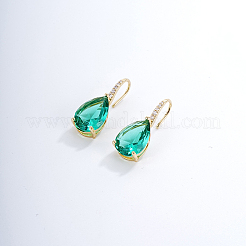 真鍮のティアドロップ型ダングルイヤリング  キュービックジルコニア付き  グリーン  25x10mm&nbsp;IY3481