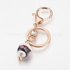手作りの磁器の子猫のキーホルダー  合金ロブスター留め金付き  鉄の鐘とキーリング  招き猫/招き猫  ゴールドカラー  ミックスカラー  92mm&nbsp;KEYC-D056-E