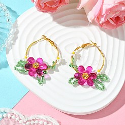 編み込みガラスの葉のハギーフープピアス  鉄パーツ  花  フクシア  44x36x9mm&nbsp;EJEW-MZ00235-04