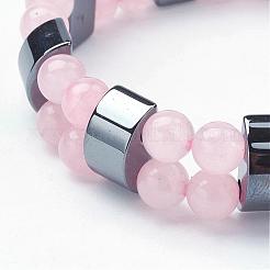 天然石ローズクォーツストレッチブレスレット  非磁性の合成ヘマタイトビーズで  2インチ（51mm）&nbsp;BJEW-JB02837-01