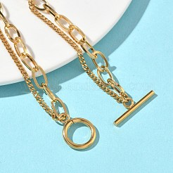 304ステンレススチールカーブ＆アズキチェーンダブルレイヤーブレスレット（女性用）  イオンプレーティング（ip）  トグル留め金付き  18KGP本金メッキ  7.95インチ（20.2cm）&nbsp;BJEW-G779-05G
