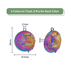 18個3色304ステンレスペンダント  狼とフラットラウンド  ミックスカラー  30x25.5x3mm  穴：2.5mm  6個/カラー&nbsp;STAS-DC0013-38