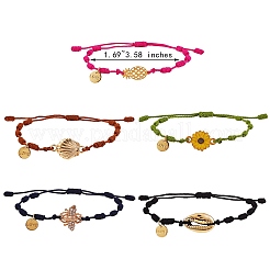 ナチュラルシェル＆フラワー＆パイナップル＆シェル＆ビーリンクブレスレットセット  女性のための小さな愛の魅力を持つ編みこみの幸運なブレスレット  ミックスカラー  内径：1-3/4~3-5/8インチ（4.3~9.1cm）  5個/セット&nbsp;BJEW-SW00029