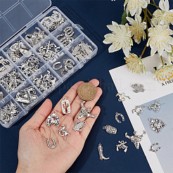 120pcs15スタイルチベットスタイルアロイペンダント  混合形状  アンティークシルバー  14~26x10.5~28x1~6mm  穴：1~3mm  8個/スタイル&nbsp;TIBE-PH0002-15