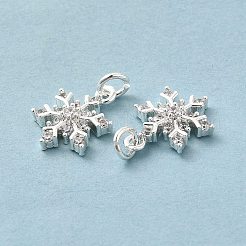 ラックメッキ真鍮マイクロパヴェキュービックジルコニアチャーム  長持ちメッキ  カドミウムフリー＆鉛フリー  丸カン付き  スノーフレークチャーム  銀色のメッキ  15x11.5x4mm  穴：3.5mm&nbsp;X-KK-E081-15S