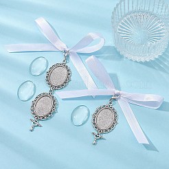 チベットスタイルの合金とガラスの楕円形の写真の花束吊り下げ装飾品  サテンリボンと亜鉛合金カニカン付き  アンティークシルバー  132mmと105mm  2個/セット&nbsp;HJEW-JM01353