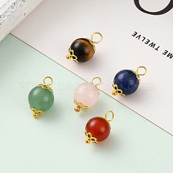 ナチュラルラピスラズリ＆レッドアゲート＆グリーンアベンチュリン＆ローズクォーツ＆タイガーアイペンダント  鉄製のビーズキャップと真鍮製のボールヘッドピンのパーツ  ラウンド  ゴールドカラー  14~15.5x8~8.5mm  穴：2~2.5mm.&nbsp;X-PALLOY-JF00580