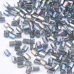 FGBグレードAガラスシードビーズ  六角形（ツーカット）  透明色の虹  スレートグレイ  1.5~2.5x1.5~2mm  穴：0.8mm  約2100個/袋  450 G /袋&nbsp;SEED-S022-05A