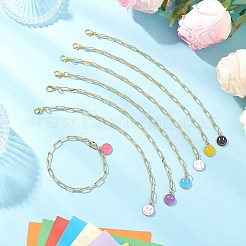女性用真鍮ペーパークリップチェーンブレスレット  合金エナメルの笑顔チャーム付き  ミックスカラー  7-1/8インチ（18cm）&nbsp;BJEW-JB12541