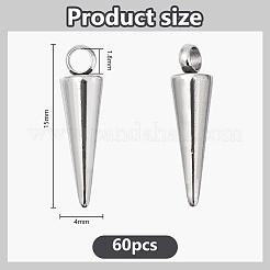 201ステンレススチールペンダント60個  コーンチャーム  ステンレス鋼色  15x4mm  穴：1.8mm&nbsp;STAS-DC0017-16A