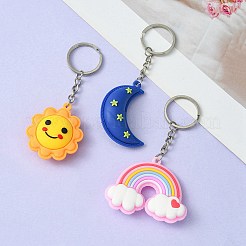Pvc プラスチック ペンダント キーホルダー  プラチナメッキ鉄スプリットキーリング付き  太陽と月と虹  ミックスカラー  10.1~11cm  3個/セット&nbsp;KEYC-YW0001-11