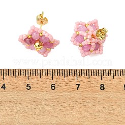 天然マレーシアジェイドスタッドピアス  花  304ステンレススチールスタッドピアスセッティング付き  ピンク  15x17mm&nbsp;EJEW-MZ00742-01
