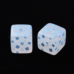 アクリルビーズ-プリント  花模様の正方形  ライトスカイブルー  16x16x16mm  穴：3mm&nbsp;MACR-S374-11C-02