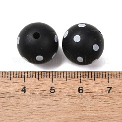 食品グレードの環境に優しいプリントシリコンビーズ  ラウンド  焦点ビーズ  ブラック  水玉  15mm  穴：2mm&nbsp;SIL-A013-01A-07