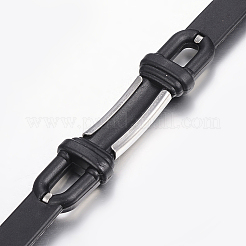 PUレザー組紐ブレスレット  304ステンレススチール製金具付き  クロスの長方形  ブラック  8-5/8インチ（220mm）  10~16x2.5~8.5mm&nbsp;BJEW-E324-C19