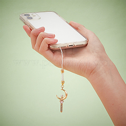 合金ラインストーン携帯電話チャームチェーン1セット  月の魔法の杖ぶら下げペンダント電話ストラップ携帯電話ストラップ  携帯電話用 id バッジ バッグ 装飾  ライトゴールド  9~11.5cm  9個/セット&nbsp;HJEW-BC0001-33