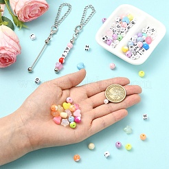Diyキーホルダー作成キット  アクリルレタービーズを含む  ABSプラスチックパール調ビーズ  亜鉛合金ビーズバーペンダント装飾  プラチナ  120mm&nbsp;DIY-YW0018-31