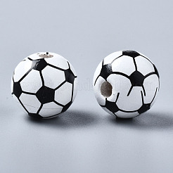 塗られた天然木のヨーロッパのビーズ  大穴ビーズ  印刷  サッカー  ホワイト  16x15mm  穴：4mm&nbsp;WOOD-S057-050