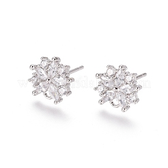 真鍮キュービックジルコニアスタッドピアスパーツ  カン付き  花  透明  プラチナ  14.5mm  ピン：0.8mm&nbsp;EJEW-E257-04P