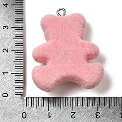 フロッキー樹脂ペンダント  クマ  ラインストーンとプラチナの鉄製ループ付き  ピンク  36x29x10mm  穴：2mm&nbsp;LS-RESI-E059-02B