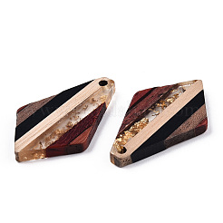 透明樹脂＆ウォールナットウッドチャーム  金色の箔付き  ひし形チャーム  ゴールド  33x20x2~3mm  穴：2mm&nbsp;RESI-TAC0017-06-B01