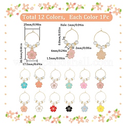 合金エナメルワイングラスチャーム  真鍮のフープピアスとガラスパールと合金のビーズ付き  さくらの花  ミックスカラー  53mm  12色  1pc /カラー  12個/セット&nbsp;AJEW-SC0002-13