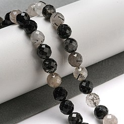 天然トルマリンクォーツ/ブラックルチルクォーツビーズ連売り  多面カット  ラウンド  8mm  穴：0.8mm  約45~47個/連  15''（38.1センチメートル）&nbsp;G-D463-01A