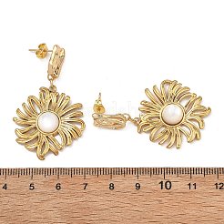 304ステンレススチールと天然貝を使った女性用ドロップピアス  花  201個のステンレススチール製スタッドピアス金具付き  ゴールドカラー  ホワイト  47x28mm&nbsp;EJEW-JE07213-02
