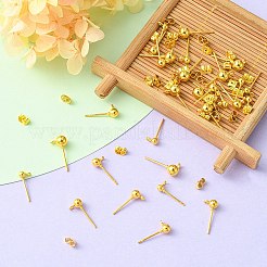 30 個 3 サイズ鉄スタッドピアスパーツ  丸玉スタッドピアスポスト  水平ループ付き  ゴールドカラー  14~16x3~5mm  穴：1.2~1.4mm  ピン：0.8mm  10pcs /サイズ&nbsp;FIND-YW0003-94G