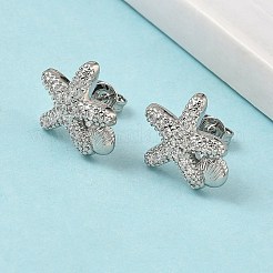 真鍮マイクロペーブクリアキュービックジルコニアスタッドピアス  ラックめっき  長持ちメッキ  カドミウムフリー＆鉛フリー  プラチナ  ヒトデ  14x13mm&nbsp;EJEW-A145-03C-P