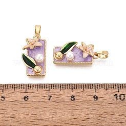 真鍮製エナメルペンダント  長方形と花のチャーム  ABSの模造パールと  18KGP本金メッキ  紫色のメディア  20.5x11x5.5mm  穴：5x2.5mm&nbsp;KK-SZC0009-04G-03