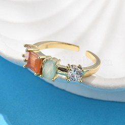 女性のための真鍮マイクロパヴェキュービックジルコニアカフリング  猫の目で  ラックめっき  長持ちメッキ  カドミウムフリー＆鉛フリー  18KGP本金メッキ  6.5mm  内径: 調節可能&nbsp;RJEW-C123-07G