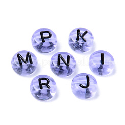 透明なアクリルビーズ  水平穴  ランダムな文字でフラットラウンド  ライラック  7x3.5mm  穴：1.8mm  約3600~3700個/500g&nbsp;TACR-S150-03A-04