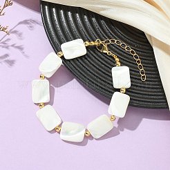 天然トロキッドシェルと真鍮ビーズを使用した女性用ブレスレット  長方形  貝殻色  7.48インチ（19cm）&nbsp;BJEW-JB13958