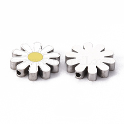 304ステンレススチールエナメルビーズ  デイジー  ホワイト  ステンレス鋼色  17x17x3.5mm  穴：1.6mm&nbsp;STAS-T052-15P