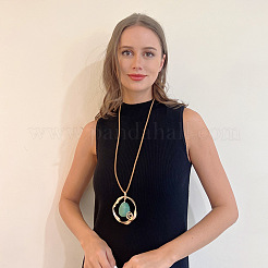 合金リングと樹脂のオーバルペンダント、イミテーションレザーコード、女性用ロングネックレス  ダークシーグリーン  ゴールドカラー  31.50インチ（80cm）&nbsp;FS-WGD029B-01