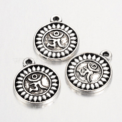 合金のチベット風チャーム  カドミウムフリー＆鉛フリー  フラットラウンド  アンティークシルバー  15x13x1.5mm  穴：1.5mm  約1020個/1000g&nbsp;TIBEP-5446-AS-LF