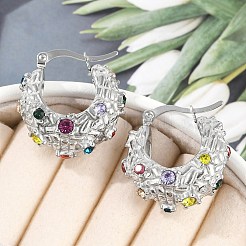 304ステンレススチールムーンフープピアス  女性用ラインストーン付き  ステンレス鋼色  25x11mm&nbsp;EJEW-A119-06P