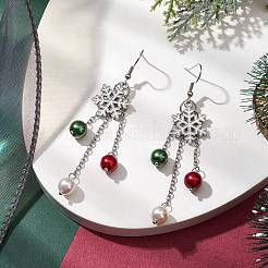 ガラスと合金エナメルのスノーフレークチャームのダングルイヤリング（女性用）  クリスマステーマのイヤリング  プラチナ  82x16mm&nbsp;EJEW-TA00559