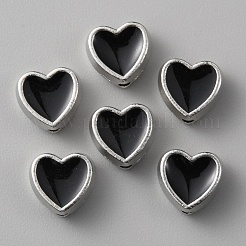 合金エナメルビーズ  プラチナ  ハート  ブラック  8x8.5x4mm  穴：1.6mm&nbsp;ENAM-WH0057-28F
