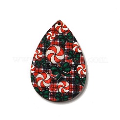 片面プリントウッドビッグペンダント  クリスマスティアドロップチャーム  レッド  54x36.5x2.4mm  穴：2mm&nbsp;WOOD-H102-03J