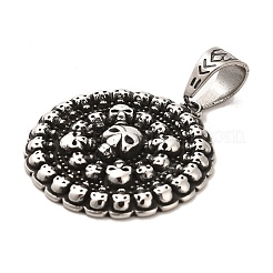 チベット風 304 ステンレススチールペンダント  スカル柄付きのフラットラウンド  アンティークシルバー  37.5x35x4.6mm  穴：7.5x11mm&nbsp;STAS-M334-26AS