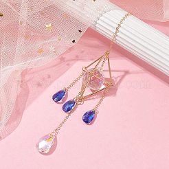 真鍮の菱形ポーチ吊り下げ装飾品  家の屋外の装飾のためのティアドロップガラスタッセルサンキャッチャー  ゴールドカラー  214mm&nbsp;HJEW-TA00108