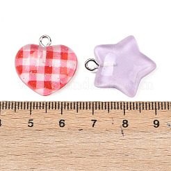 透明樹脂ペンダント  ハート/スター  プラチナアイアンループ＆グリッターパウダー付き  ミックスカラー  20~23x20.5~21x6.5mm  穴：2mm&nbsp;RESI-I350-06