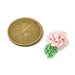 ガラスチャーム  シェルパールビーズとゴールドの304ステンレススチール丸カン付き  ローズ  ピンク  26~27x16x5.5mm  穴：3mm&nbsp;PALLOY-MZ00428-01