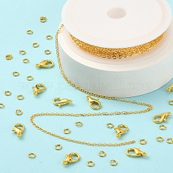 DIY3m真鍮製アズキチェーンジュエリー作成キット  30個の真鍮製オープン丸カンと10個の亜鉛合金カニカン付き  ゴールドカラー  チェーンリンク：2x1.8x1.2mm&nbsp;DIY-YW0005-74G