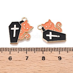 ハロウィンテーマラックメッキ合金エナメルペンダント  ゴールドカラー  猫のチャーム付き十字架棺  ダークオレンジ  18x16x1.5mm  穴：1.6mm&nbsp;ENAM-N056-356B
