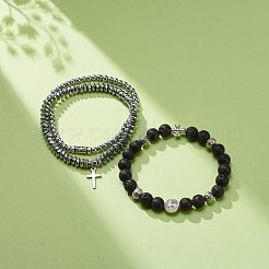 3 個 3 スタイル天然溶岩 & 合成ヘマタイト ストレッチ ブレスレット セット  男性女性のための真鍮クロスチャームブレスレット  プラチナ  内径：2-1/4~2-1/2インチ（5.8~6.25cm）&nbsp;BJEW-JB08692